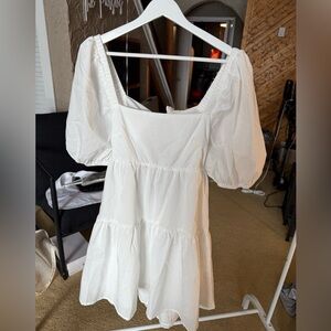 White Puff Sleeve Dress With Tie Back Detailing